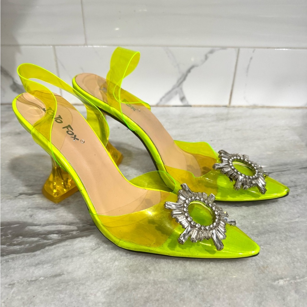 Vibrant Neon Heels with Silver Embellishment